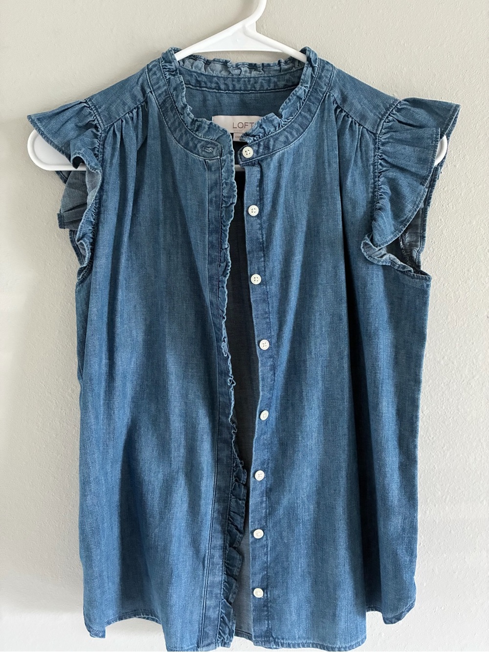 LOFT Denim Blue Ruffle Sleeve Button-Down Top